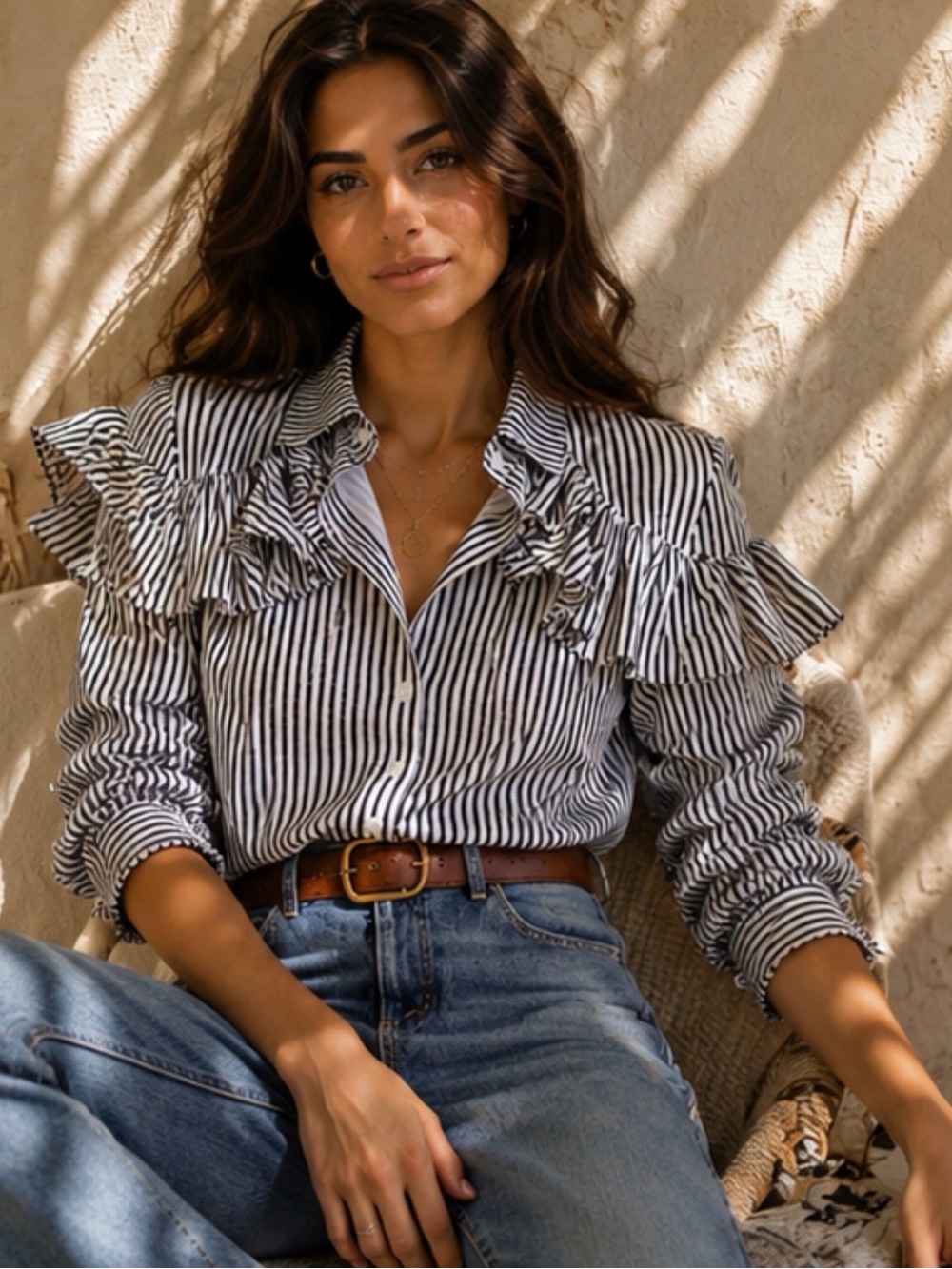 Button-down Stripped Long Sleeve Blouse